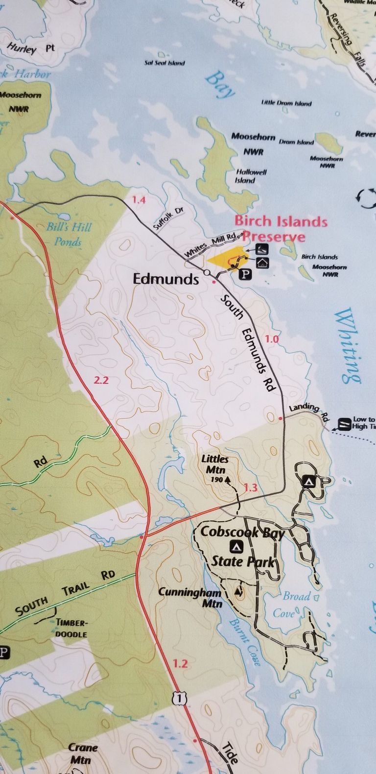          Conservation Land on the South Edmunds, Road, Edmunds, Maine; Detail of land under conservation management on the South Edmunds Road, including Cobscook Bay State Park, the Moosehorn National Wildlife Refuge and the Birch Island Preserve, on a trail map prepared by Cobscook Shores Foundation in 2022.
   