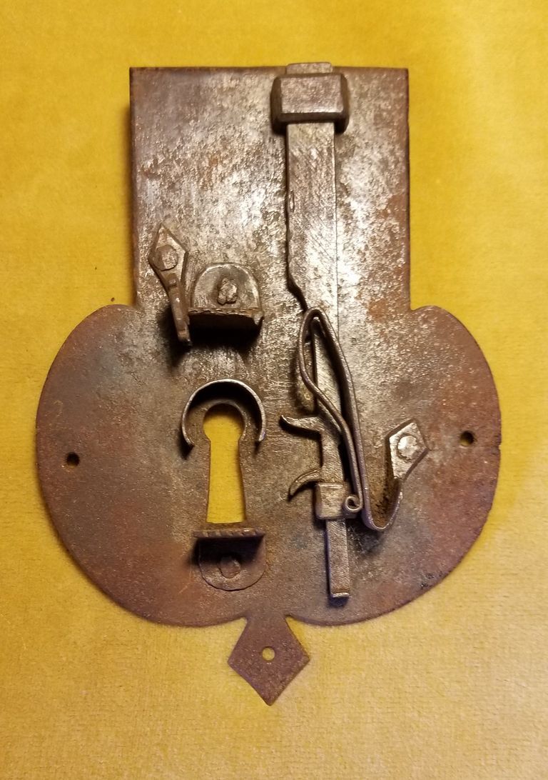          French Iron Lock, mid-eighteenth century; View of the mechanism of a mid-eighteenth century French iron lock found in Dennysville, Maine.
   