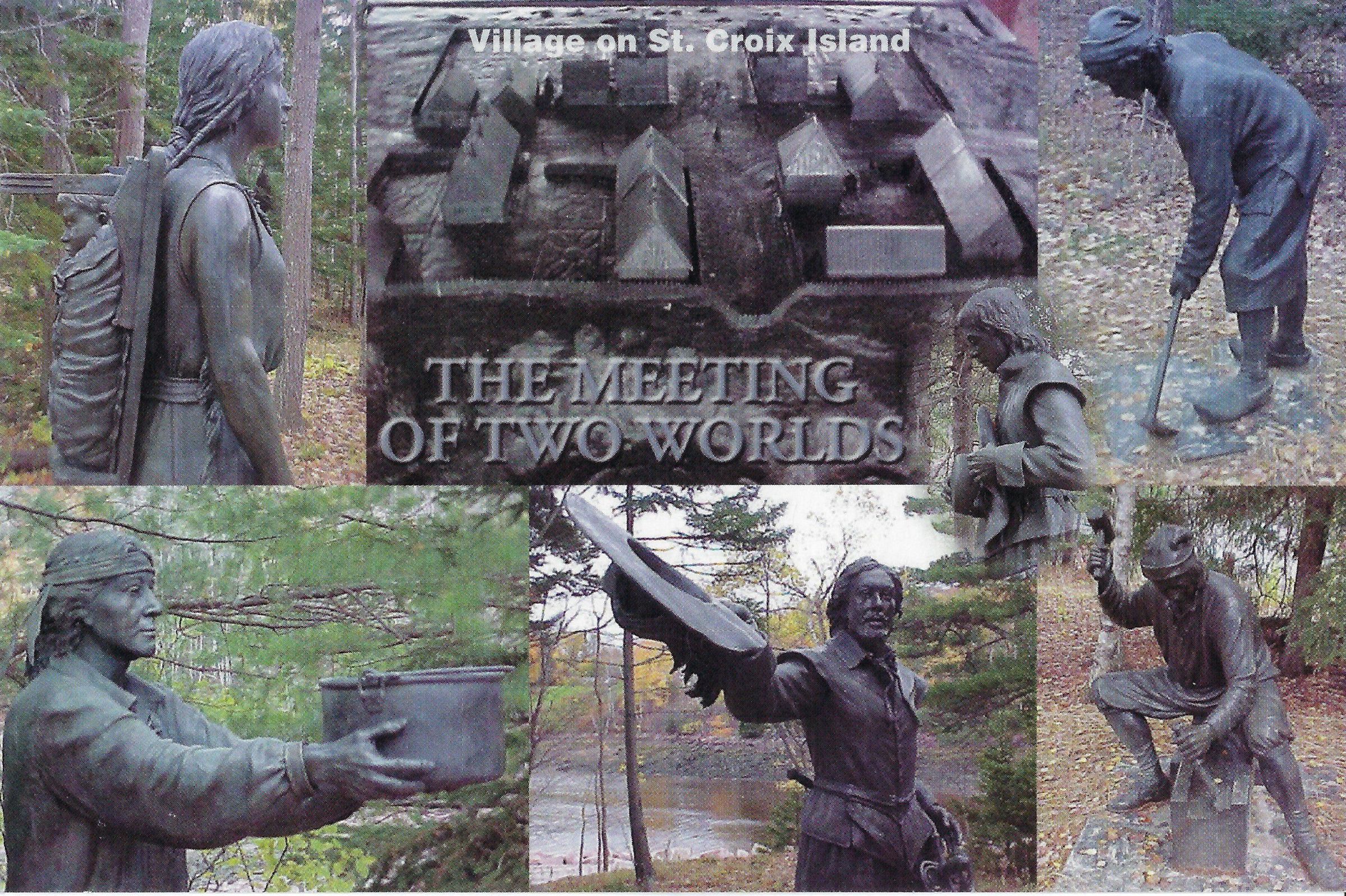 The Meeting of Two Worlds: St. Croix Island Park; Postcard image of six bronze statues installed at the Saint Croix Island National Historic Site depicting French sailors and Wabanaki Indians, entitled