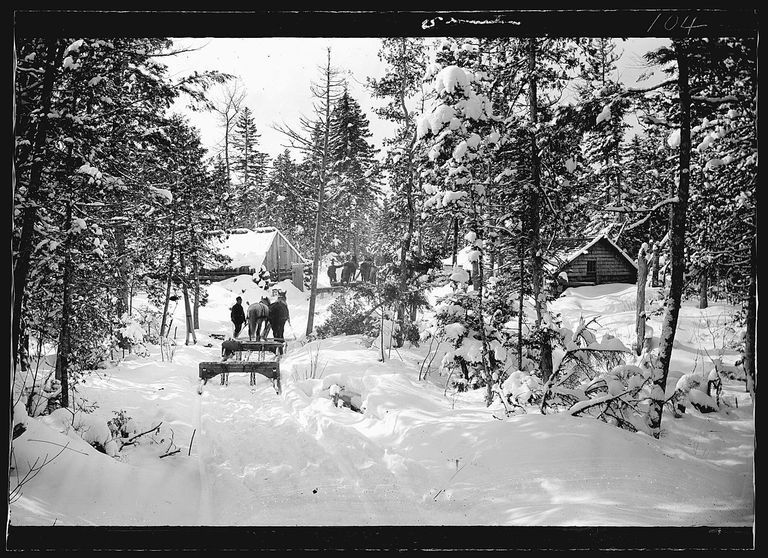          Lumber Camp; Empty bob sleds arrive at a winter logging camp in the woods along the Dennys River.
   