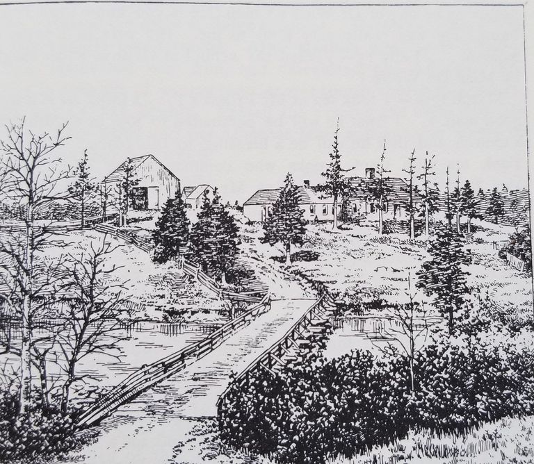          Sketch of Isaac Hobart's House at Little Falls, Edmunds, Maine; Sketch of Isaac Hobart's second house, built at Little Falls in 1806 to replace an earlier dwelling, is it appeared in 