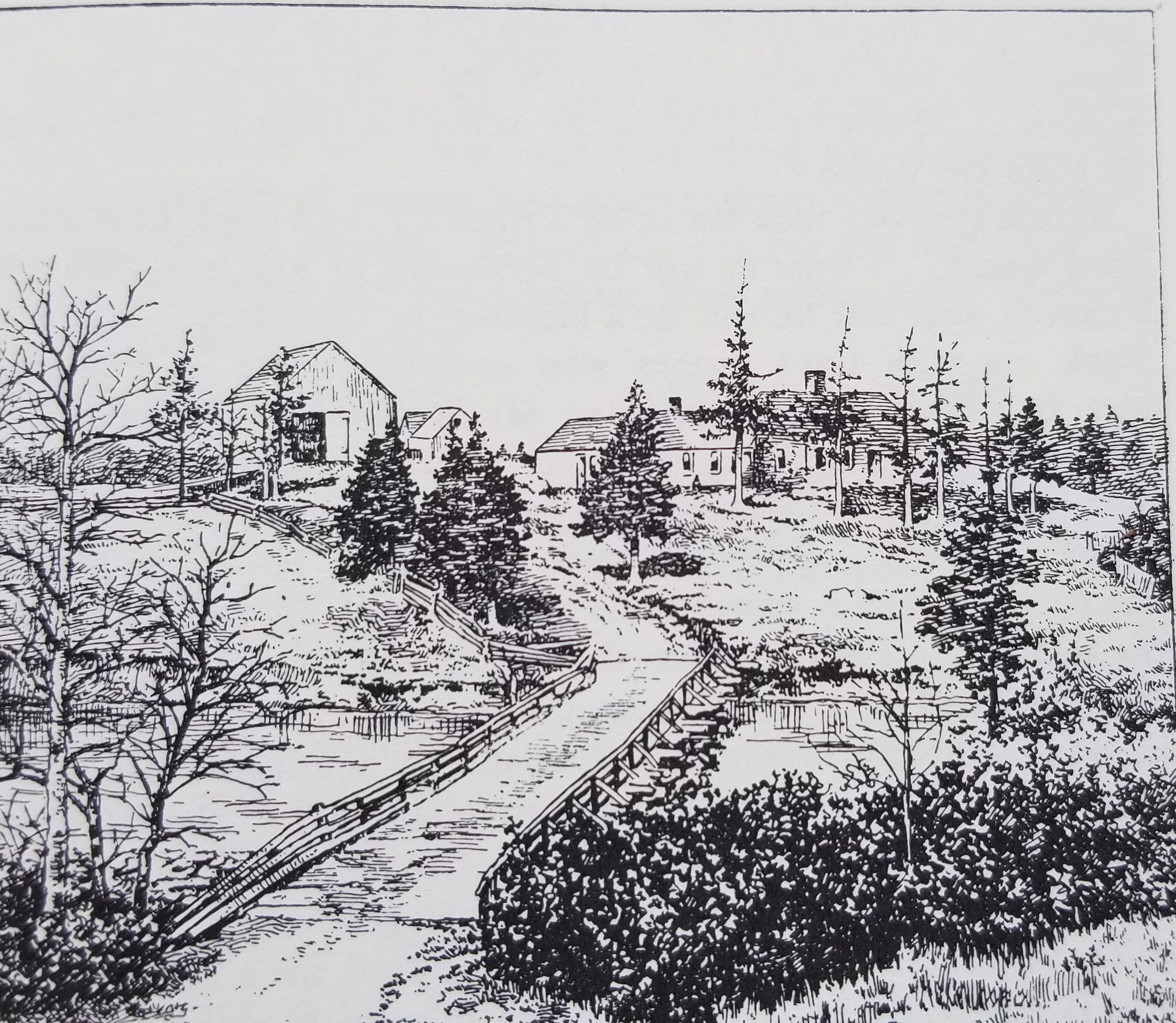 Sketch of Isaac Hobart's House at Little Falls, Edmunds, Maine; Sketch of Isaac Hobart's second house, built at Little Falls in 1806 to replace an earlier dwelling, is it appeared in