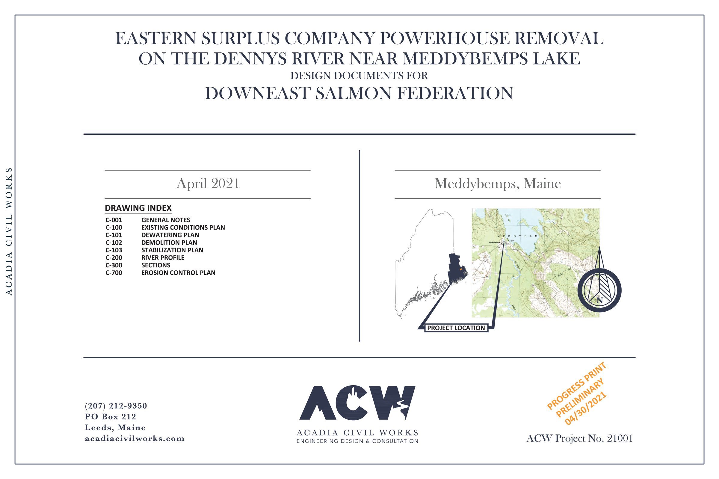 Cover page for the Meddybemps Power Hydro Power Plant Removal on the Dennys River, April 2021
