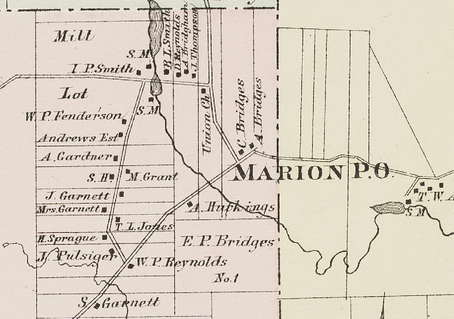 Marion, Maine on the Colby Atlas of Washington County in 1881.; The old Stagecoach Road traveled in a direct route heading southwest across Cathance Stream, and on toward Gardner's Lake and Machias on this map from 1881.