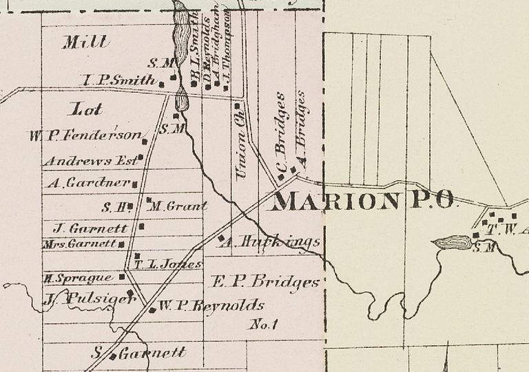          Marion, Maine on the Colby Atlas of Washington County in 1881.; The old Stagecoach Road traveled in a direct route heading southwest across Cathance Stream, and on toward Gardner's Lake and Machias on this map from 1881.
   