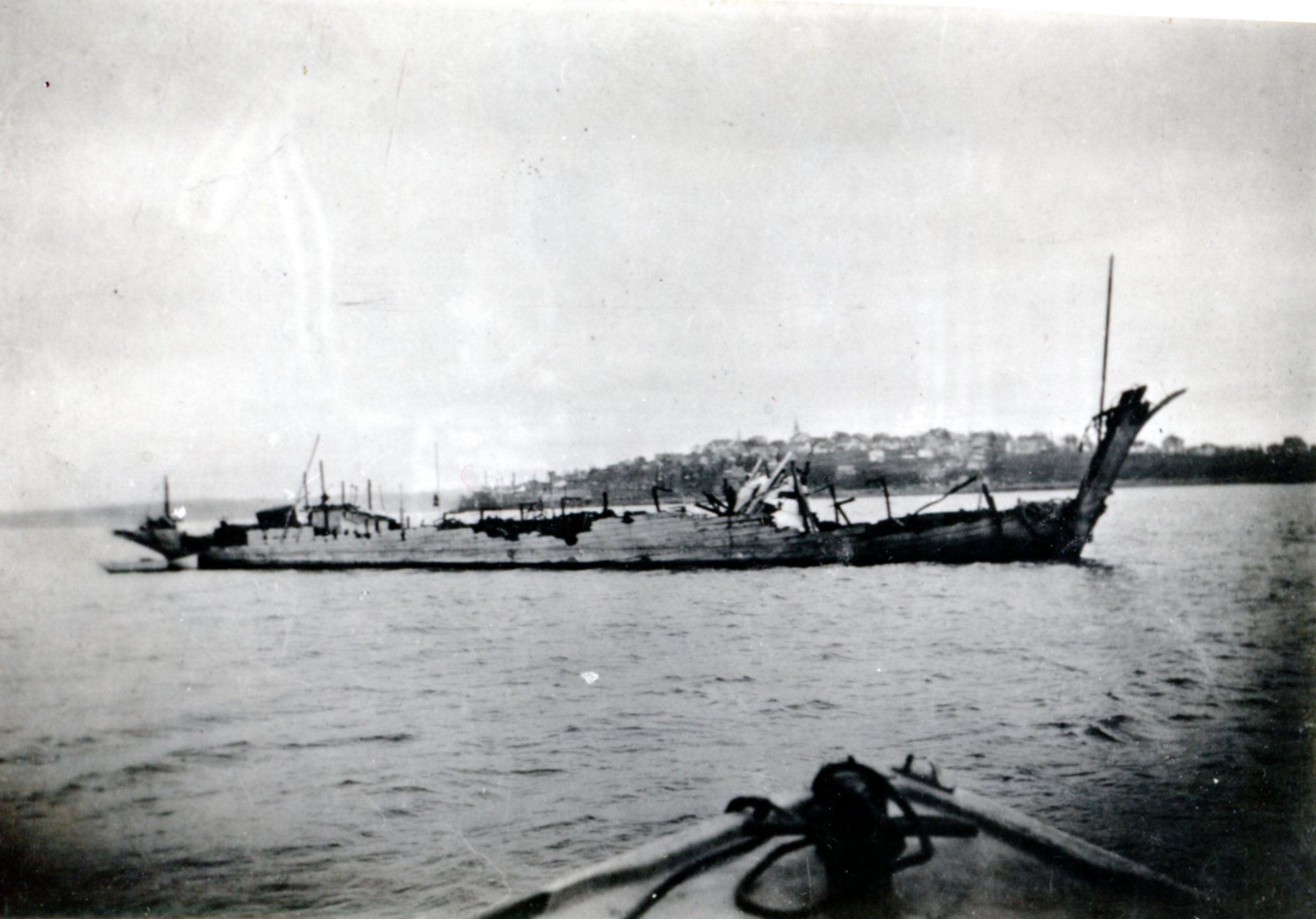 Schooner Dornfontien in Johnson's Bay, Lubec, Maine; This view of the Dornfontein in Johnson's Bay, Lubec, Maine being towed to Pushee's Shipyard for repairs in 1918. Lyman Pushee was in the stern cabin from Cutler to Johnson's Bay on its way to the Pushee Brothers shipyard in Dennysville.
