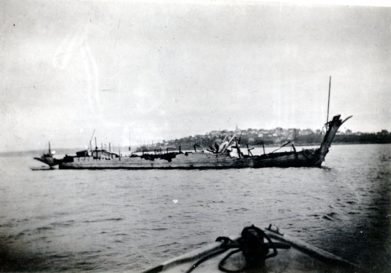          Schooner Dornfontien in Johnson's Bay, Lubec, Maine; This view of the Dornfontein in Johnson's Bay, Lubec, Maine being towed to Pushee's Shipyard for repairs in 1918. Lyman Pushee was in the stern cabin from Cutler to Johnson's Bay on its way to the Pushee Brothers shipyard in Dennysville.
   