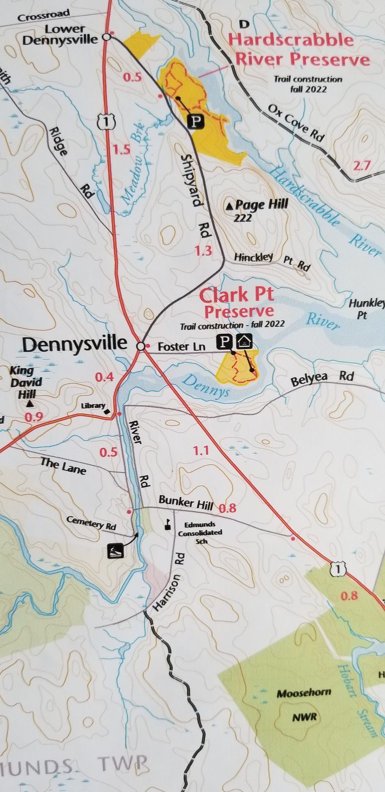          Hardscrabble and Clark Point preserves in Dennysville with trail systems developed by the Cobscook Shores Foundation.
   