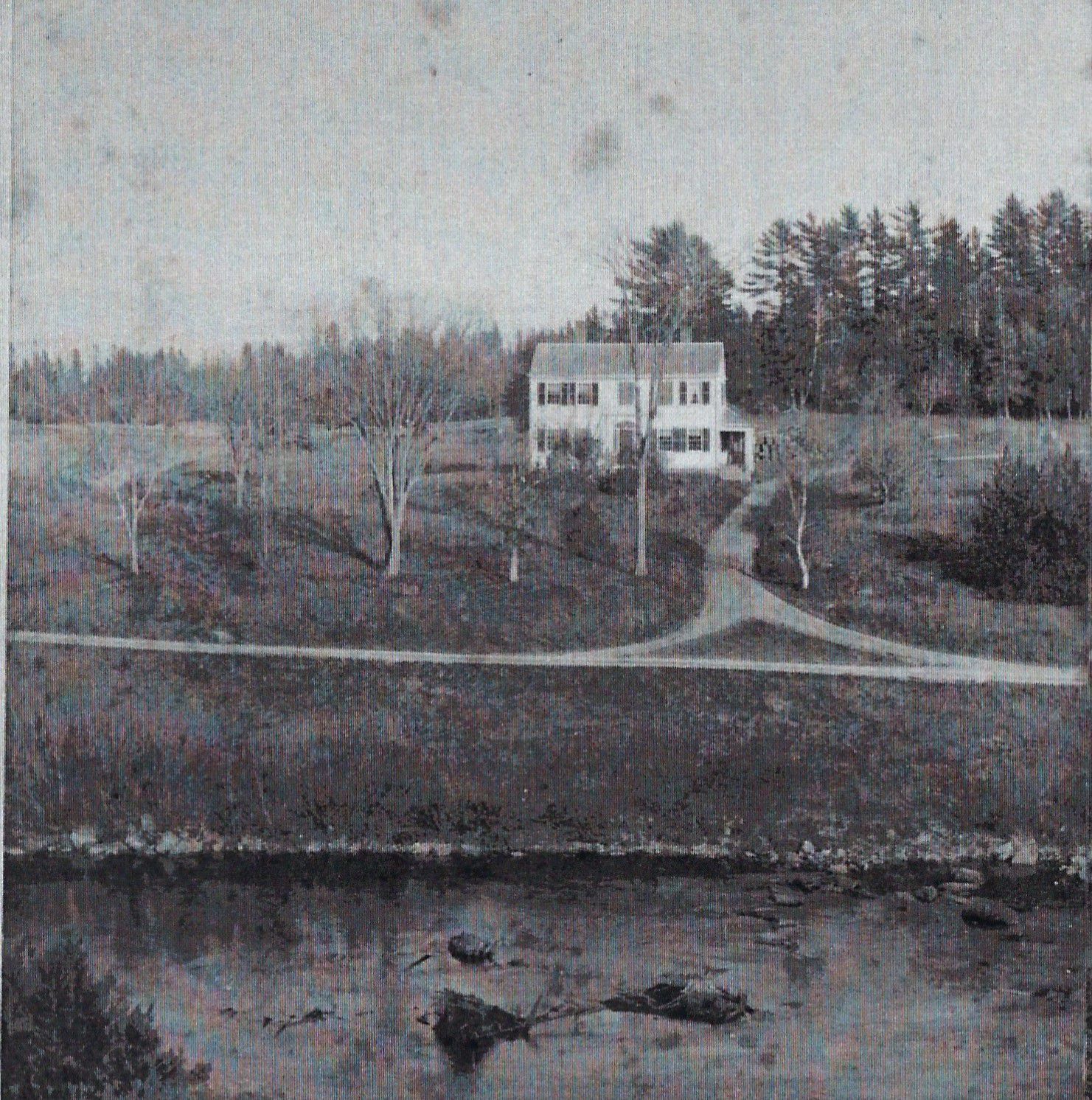 Nathaniel Hobart House on the Dennys River, in Edmunds, Maine, c. 1870.; Viewed from the Dennysville side of the Dennys River, the Nathaniel Hobart house was the home of the first proprietor of the Township X, later Edmunds, on behalf of his father Colonel Aaron Hobart of Abbington, Massachusetts.