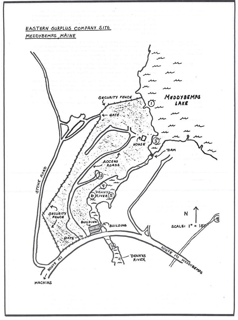          Map of the Eastern Surplus Company storage site at the headwater of the Dennys River in Meddybemps, Maine.
   