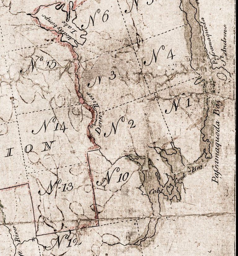         Dennys River Townships, detail from the Lottery Map of 1786, created by Rufus Putnam
   