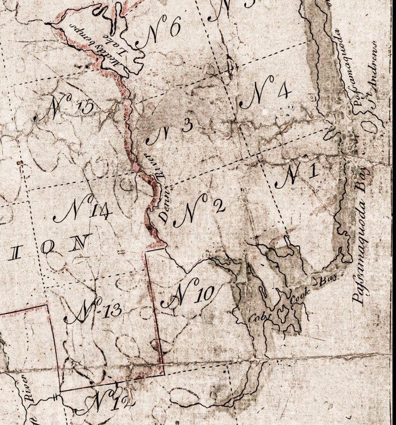 Dennys River Townships, detail from the Lottery Map of 1786, created by Rufus Putnam