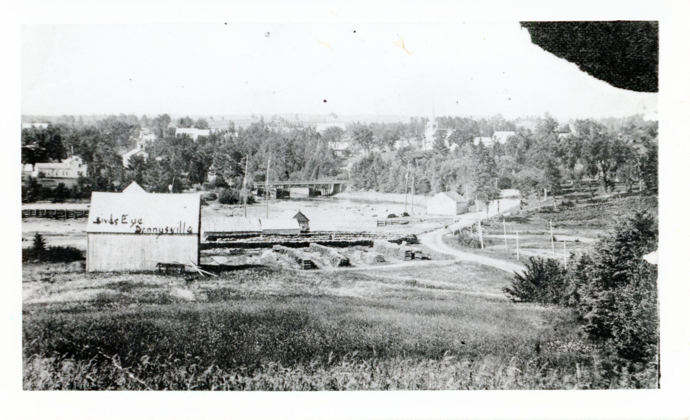 Birds Eye View of Dennysville from Corn Hill, Dennysville, Maine; Lumber is stacked and drying beside a shingle mill on the hillside above the Packet Wharf, while the Lincoln's wharf and storehouse can be seen on the other side of dock bridge on the right hand side of the image. Viewed at low tide, the Lower Bridge crosses the river to Edmunds, with the Aaron Hobart House and T.W. Allan's wharf visible on the left.
