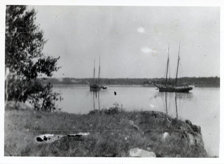          Schooners Off Hurley Point, Edmunds, Maine, c. 1900; Schooners anchored off Hurley Point in Dennys Bay waiting for the tide to pass through the Narrows up to the wharves on the Dennys River.
   