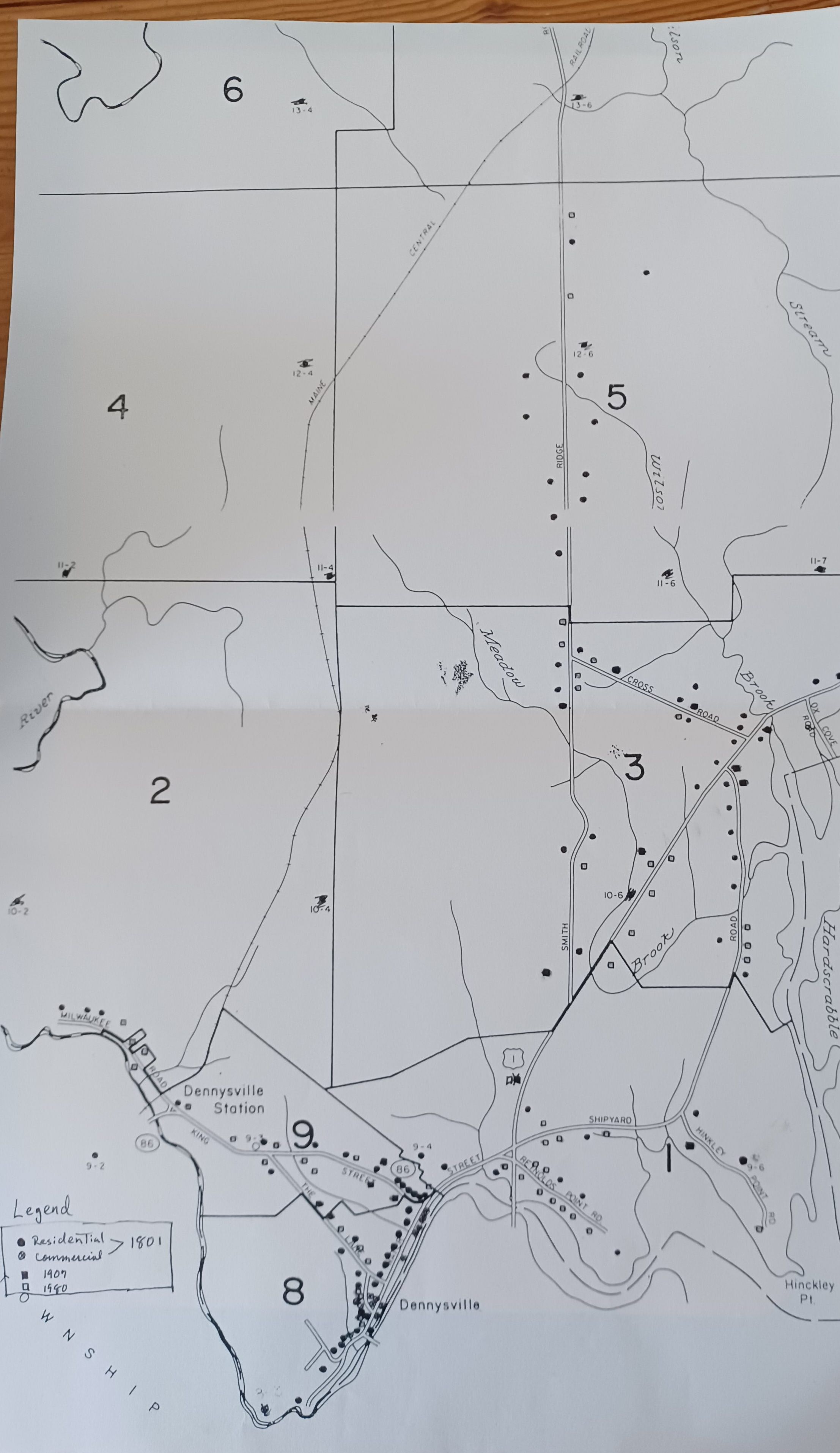Map of Dennysville, Maine, edited to show change over time