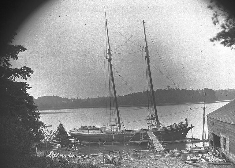          Schooner under repair at Pushee Brothers Shipyard, c. 1890, Dennys River
   