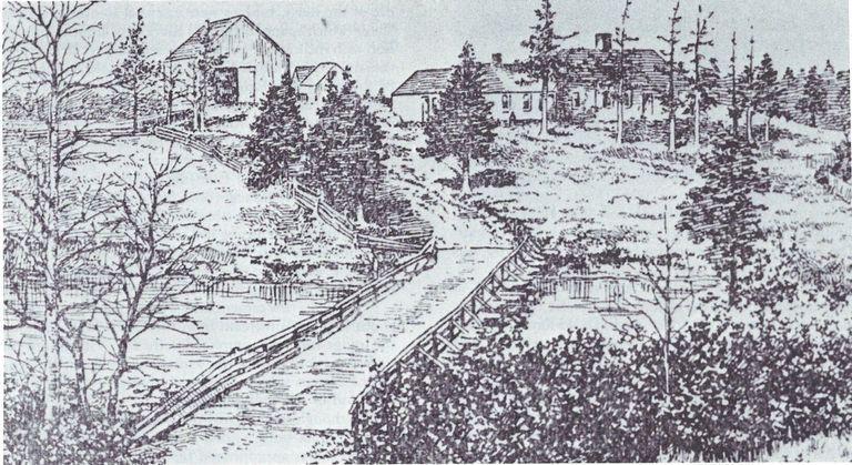          Isaac Hobart House and barns at Little Falls, on Hobart Stream.; Sketch of the 1806 house built by Isaac Hobart at Little Falls, from 
