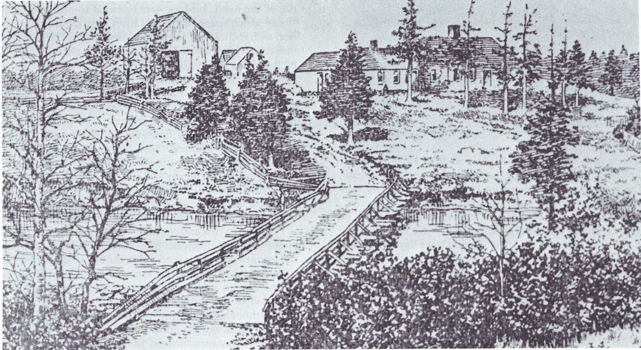 Isaac Hobart House and barns at Little Falls, on Hobart Stream.; Sketch of the 1806 house built by Isaac Hobart at Little Falls, from