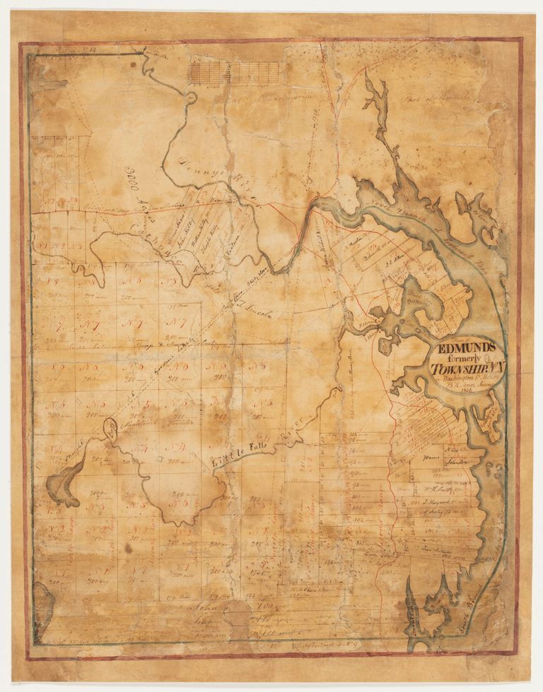          Plan of Edmunds, formerly Township No. 10, Washington Co. Maine, B.R. Jones Surveyor, 1836; A hand drawn map on paper depicting the Town of Edmunds with property lines and inhabitants in the year 1836, by the noted surveyor Benjamin R. Jones.
   