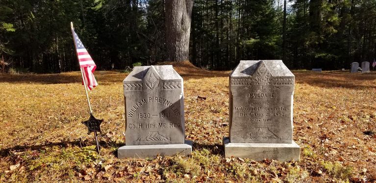          Gravestones of William P. and Hilda E. Reynolds in Marion; Gravestones of Civil War veteran William P. Reynolds, Co. H. 11th Maine Regiment, and his wife, Hilda.
   