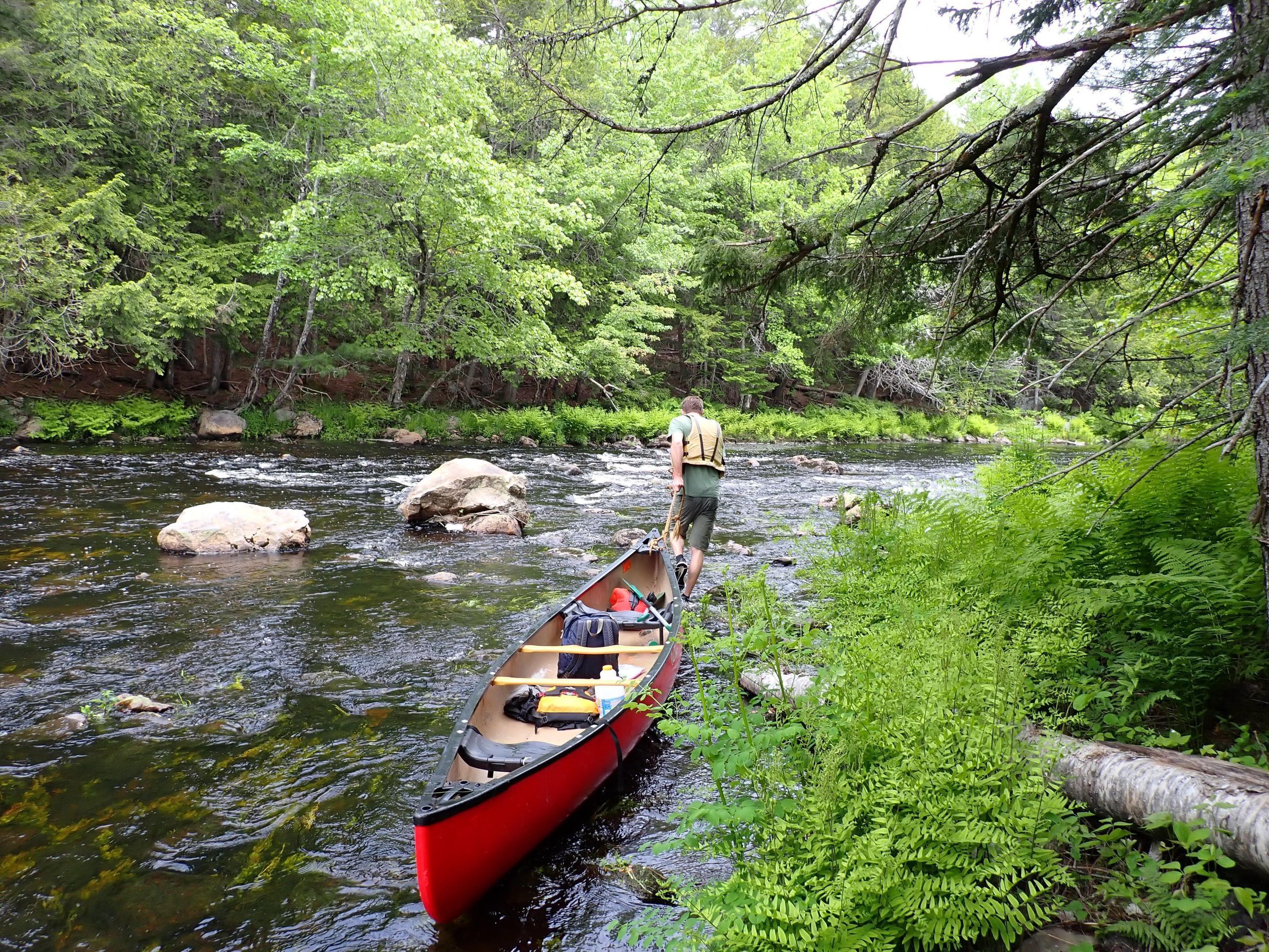 Tracking canoe through Clark's Rips on the Dennys River