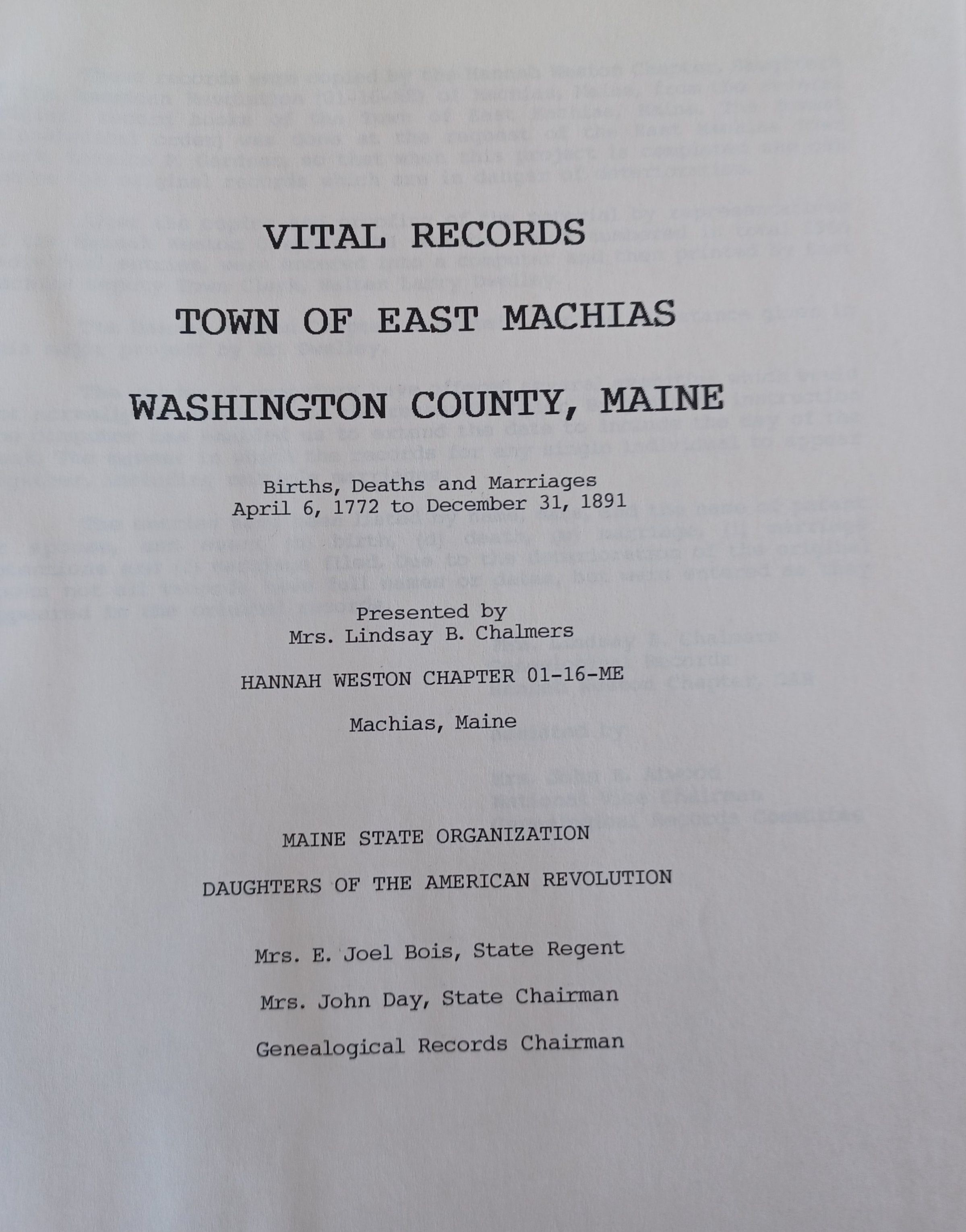 East Machias, Maine, Vital Records April 6, 1772 to December 31, 1891 picture number 1