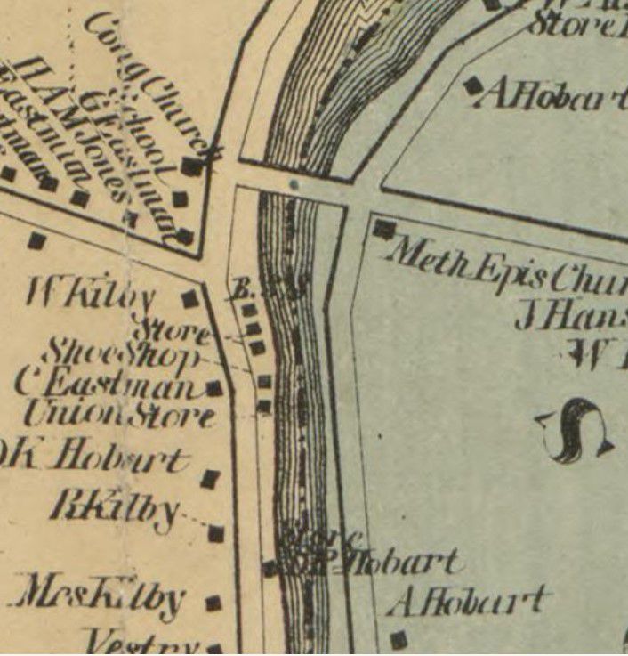          Stores on Dennys River, 1861; D.K. Hobart's Drugstore, a Union Store, a shoe shop with several others stores and blacksmith's shop line the banks of the Dennys River in this detail from the Topographical Map of the County of Washington, Maine, published by Lee and marsh for New York, in 1861.
   