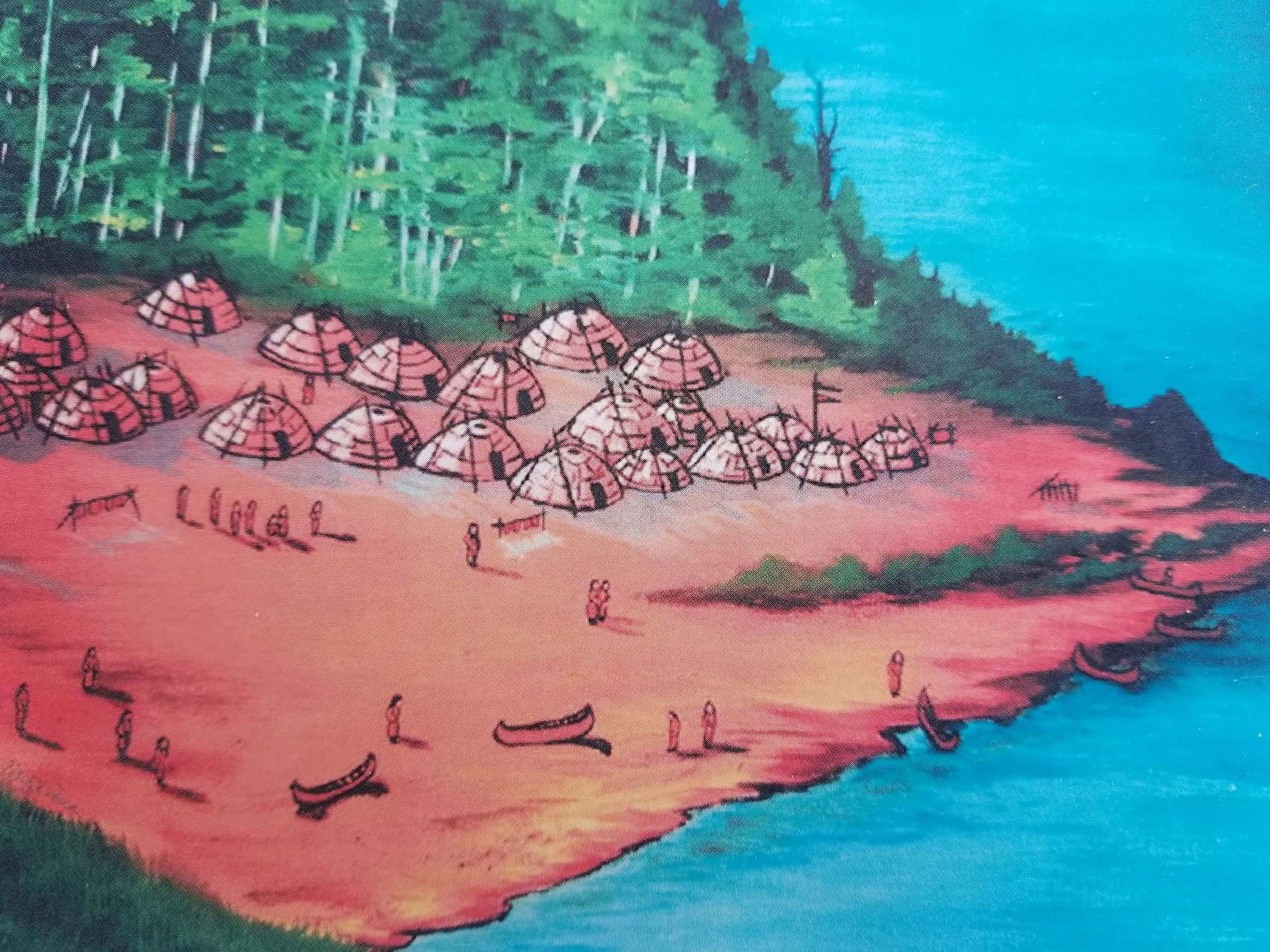 N'tolonapemk on the Dennys River at Meddybemps Lake; An artist's conception of the ancestral Passamaquoddy village on the shores of Meddybemps Lake, at the head of the Dennys River, by Martin Dana, used with permission of the Passamaquoddy Tribal Historic Preservation Office. Today it is known as N'tolonapemk, meaning