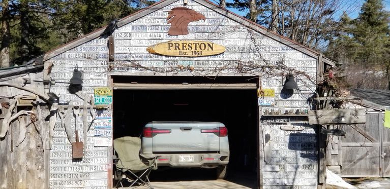          Preston's Garage, Dennysville Maine; A touch of humor and sense of history combine to establish this well decorated garage on Foster Lane in Dennysville, Maine.
   