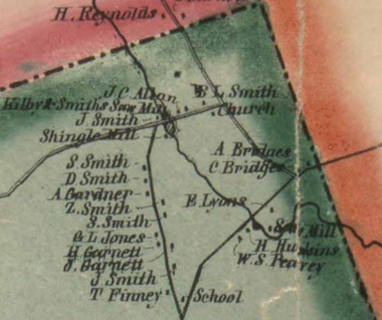 Marion, Maine in 1861; Two sawmills, a shingle mill, church and houses are marked on this detail of the Topographical map of the County of Washington County, Maine, published in 1861.
