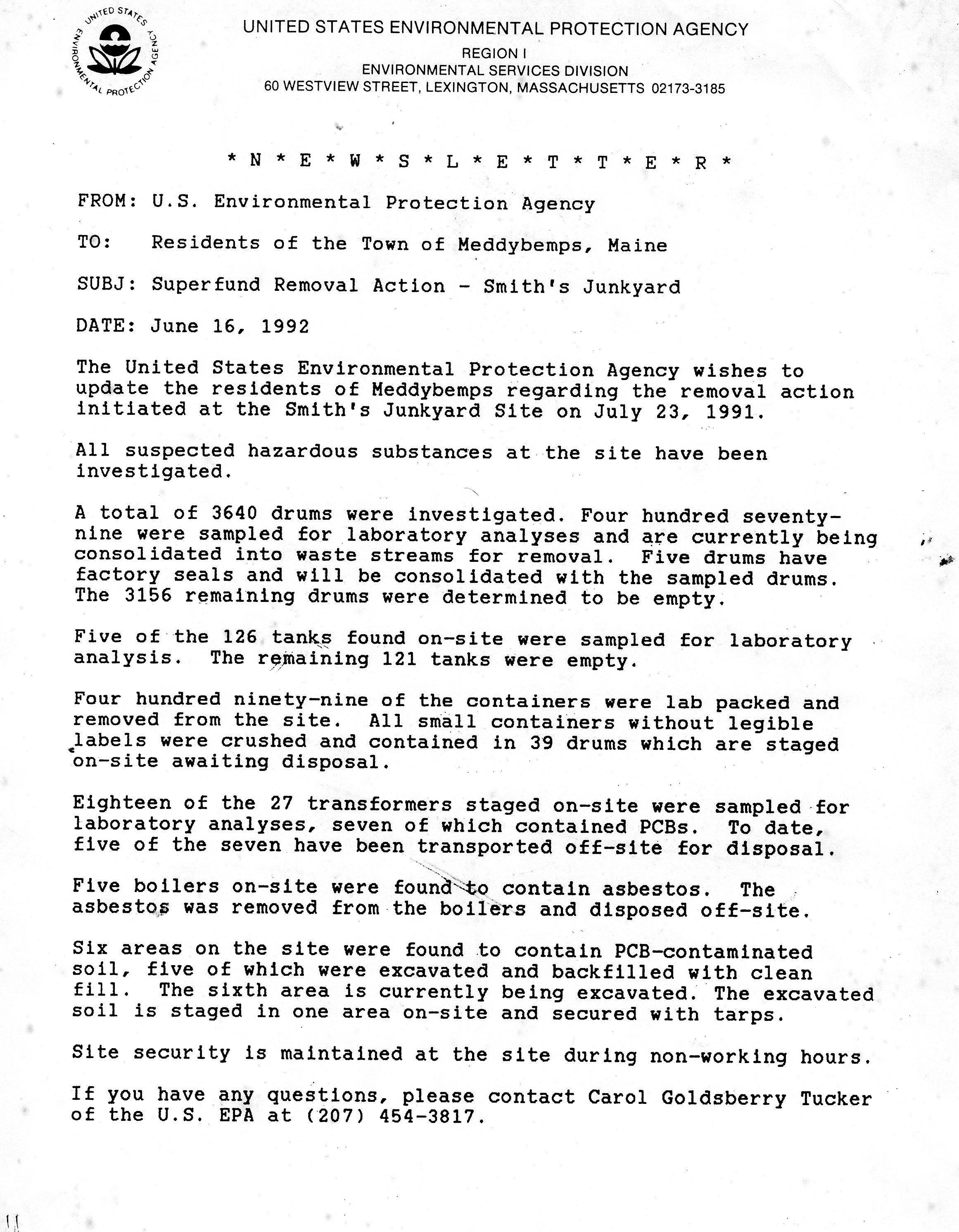Letter from the EPA re Smith's Junkyard, 1992