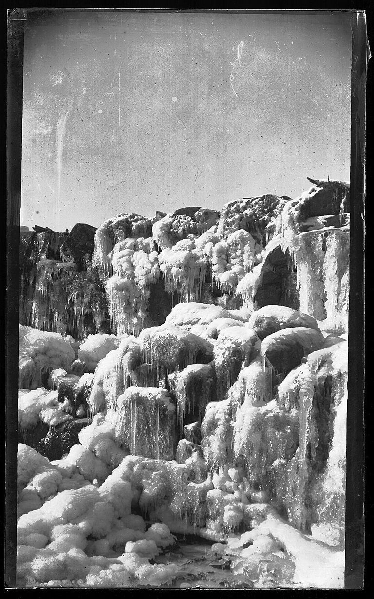          Ice coated Mill Dam on the Dennys River, c. 1885; Crystalized ice covers the stonework of the Lincoln's mill pond dam on the Dennys River in the photograph by Dr. John P. Sheahan of Edmunds, Maine.
   