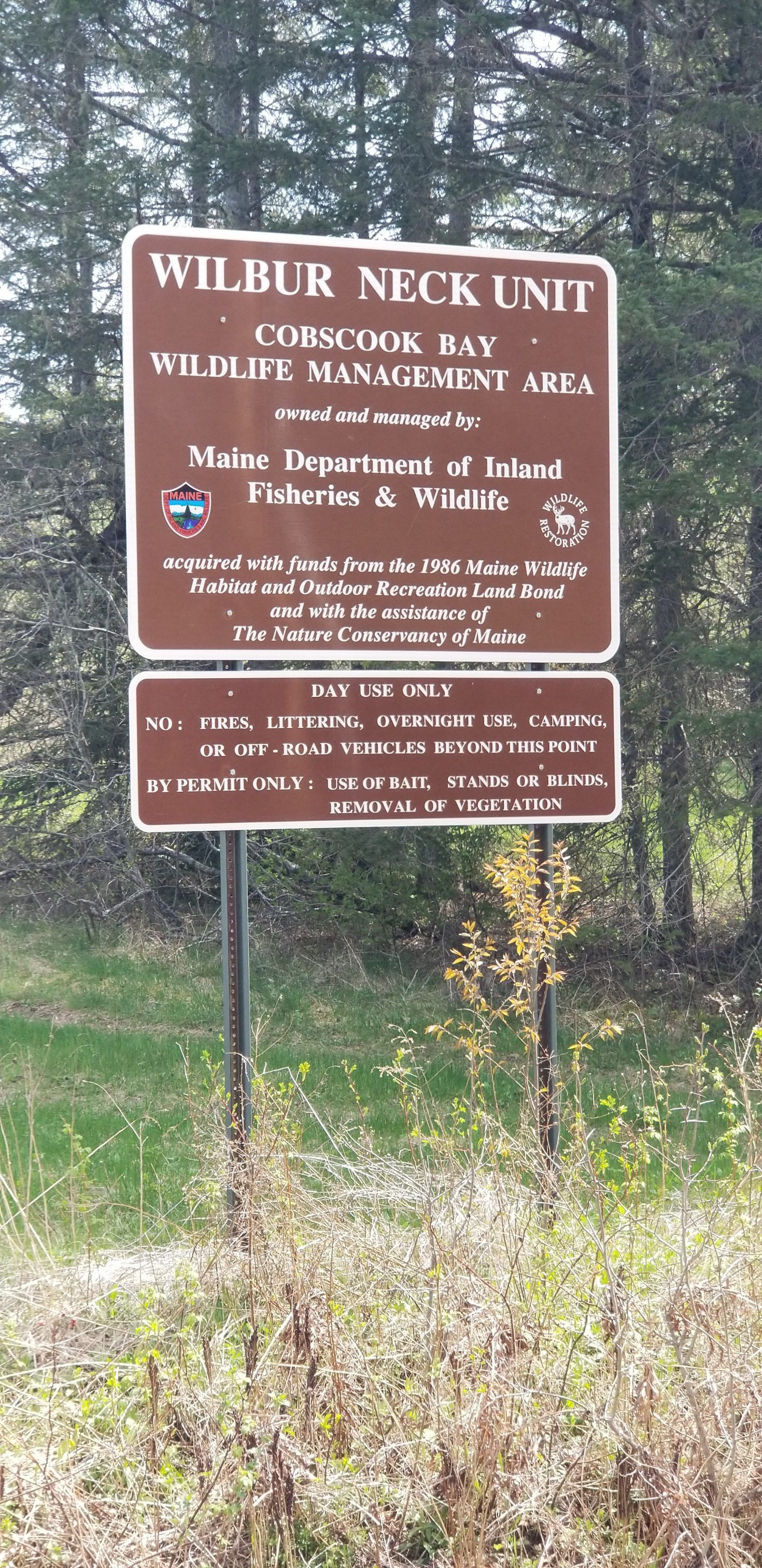 Wilbur's Neck Cobscook Bay Wildlife Management Area, Pembroke, Maine.; Signage for Wilbur's Neck Wildlife Management Unit, Maine Department of Inland Fisheries and Wildlife.