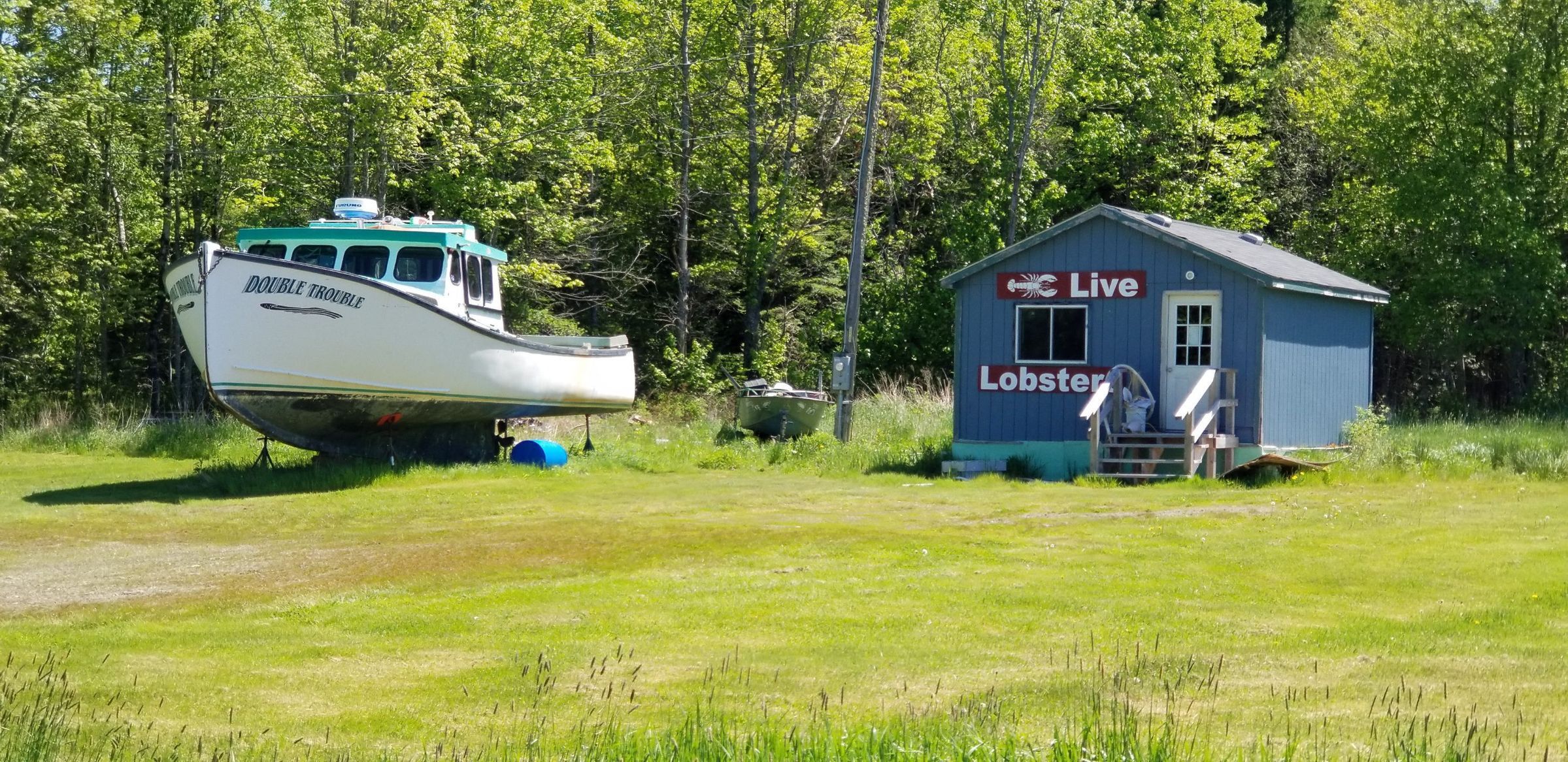 The fishing boat Double Trouble, and a small shop advertise live lobsters on the Belyea (formerly Preston) Road in Edmunds, Maine.