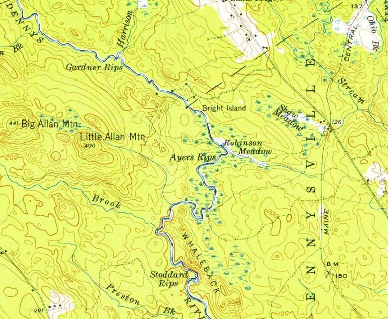         From Gardner's to Stoddard's Rips on the Dennys River; Detail for the U.S.G.S. topographical map of the Gardner's Lake, Maine, 1941
   