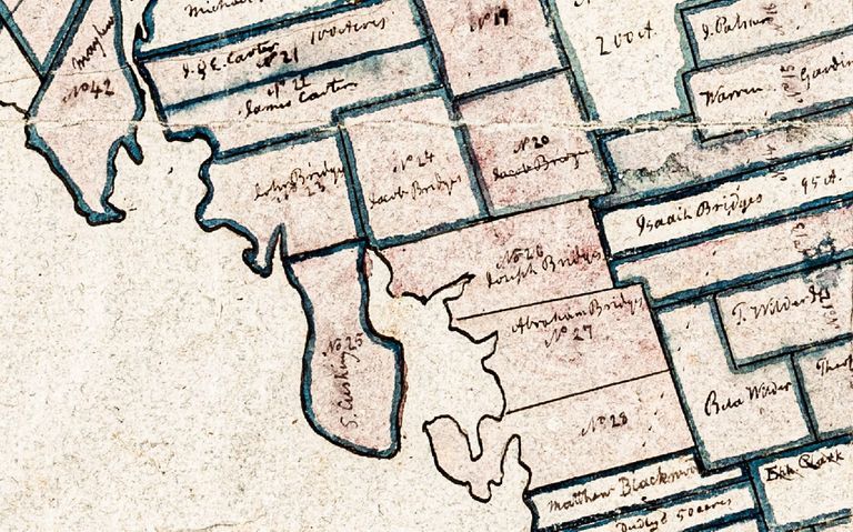          Early settlers around Ox Cove on the Dennys Bay; Detail from Map of Townships No. 1 and 2, now Dennysville, Pembroke, and Perry, Maine, c. 1805
   