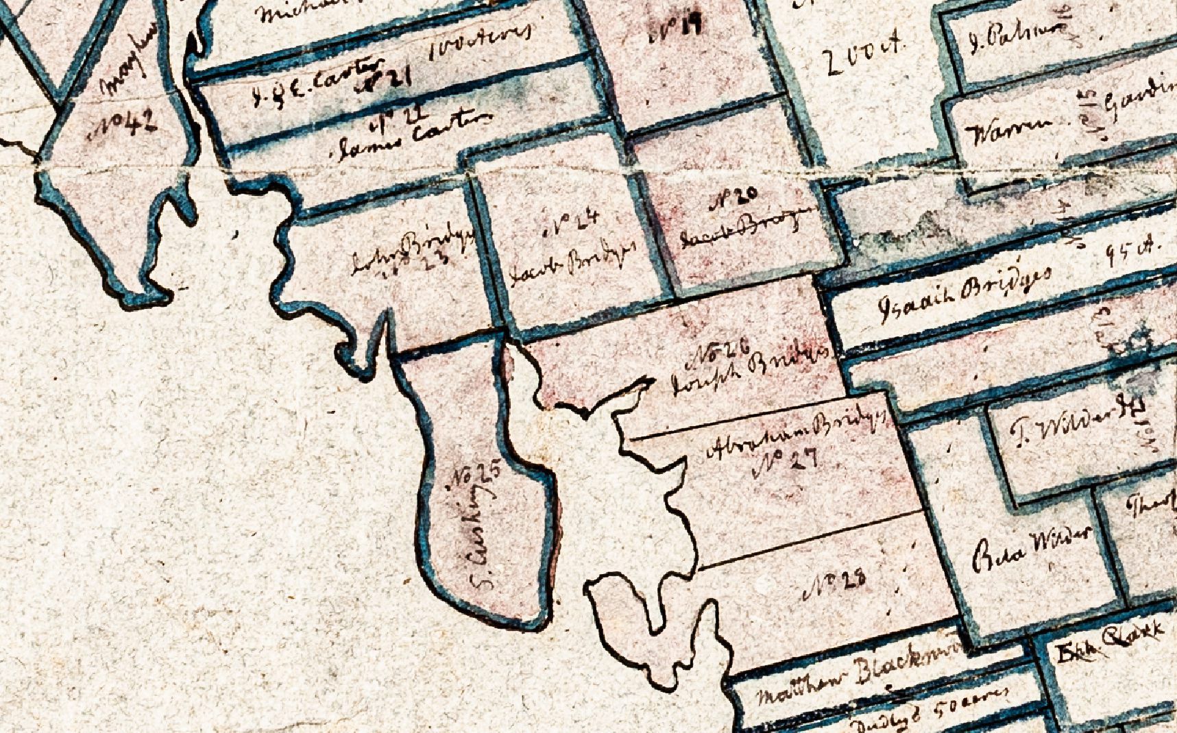 Early settlers around Ox Cove on the Dennys Bay; Detail from Map of Townships No. 1 and 2, now Dennysville, Pembroke, and Perry, Maine, c. 1805