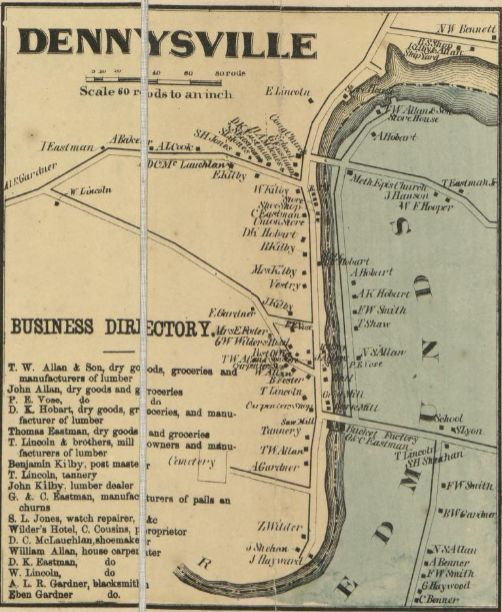          Dennysville Village in 1861; Detail of the village of Dennysville, with the Business Directory, showing the location of individual houses, shops, mills and other businesses, from the Topographical Map of Washington County, Maine, published by Lee and Marsh in 1861.
   