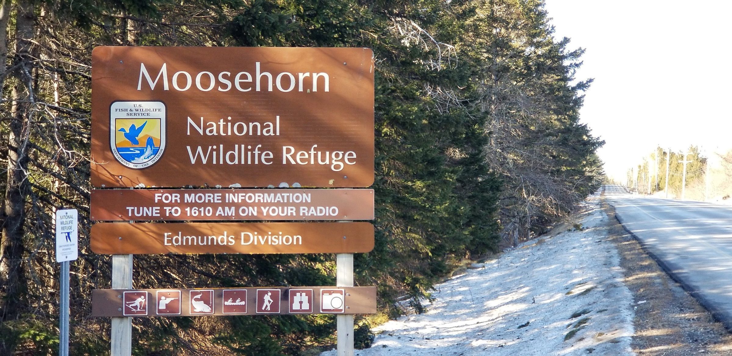 Moosehorn Southern Boundary of the Edmunds Division; Route 1 signage marking the southern boundary of the Moosehorn National Wildlife Refuge in Edmunds, Maine.
