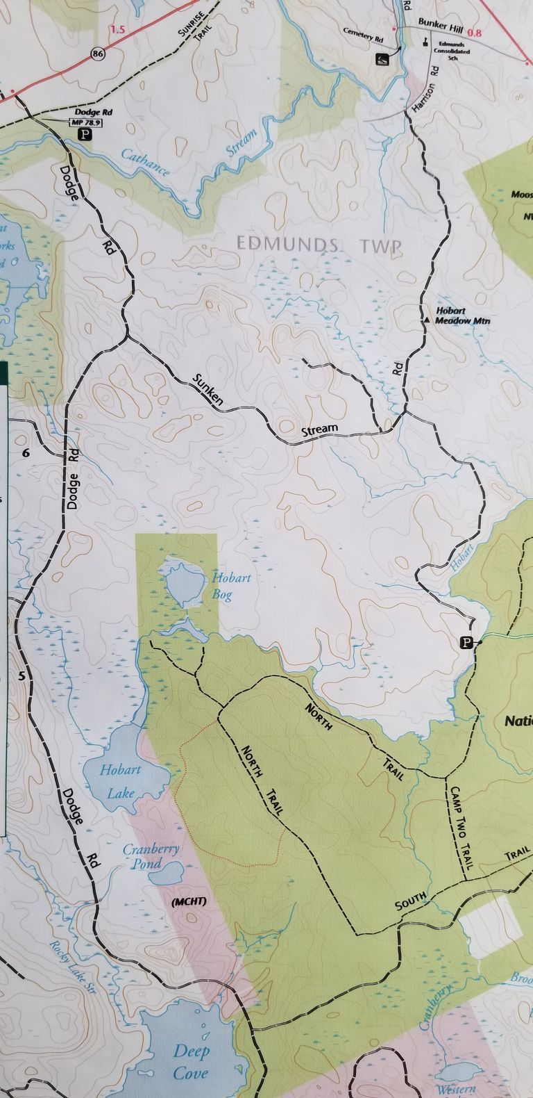          The Dodge and Sunken Stream Roads in Edmunds, Maine; Detail of woods roads in Edmunds, Maine, on a trail map prepared for the Cobscook Shores Foundation in 2022, used with permission.
   