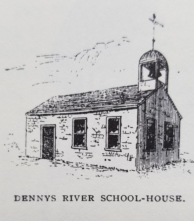          Early Dennys River Schoolhouse; This drawing represents the first school house built on Meetinghouse Hill in 1800, which was rebuilt in 1817, and later relocated 100 feet when the Congregational Church was built in 1834. 
 Image is from Chapter X of Eastport and Passamaquoddy: A Collection of Historical and Biographical Sketches, complied by William Henry Kilby, published in Eastport in 1888.
   