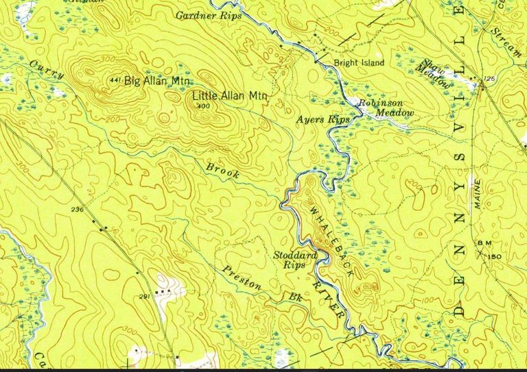          Curry Brook joins the Dennys River between Ayers and Stoddard Rips.; Detail of the U.S.G.S. topographical map of Gardner's Lake, Maine, 1941
   