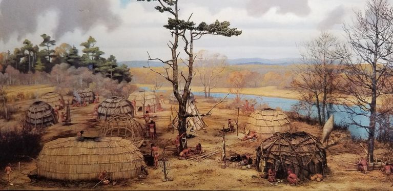          Native American Encampment, c. 1500; Diorama of a typical Wabanaki village site, abased on archeological excavation at the Shattuck Farm site on the Merrimack River in New Hampshire.  Encampments like this would have been found at the Reversing Falls and other sites around Cobscook Bay before the arrival of Europeans in the early sixteenth century.
   