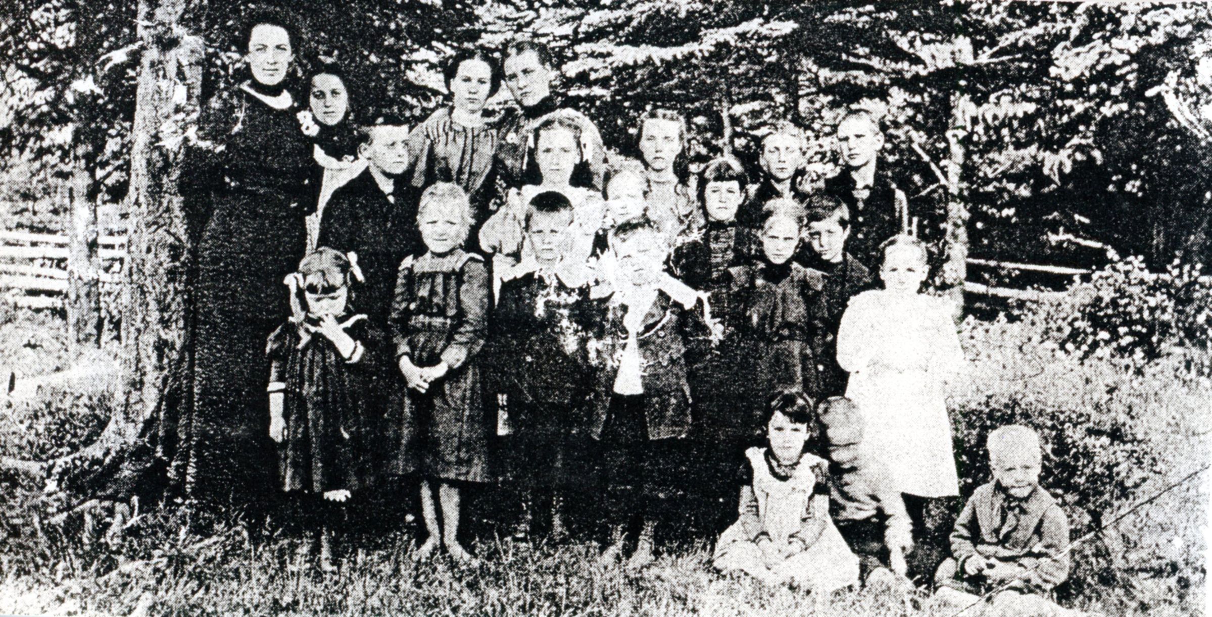Little Falls School, Edmunds, Maine; l-R, Teacher Phoebe (McDonald) Saunders, seated Elsie Gardner, Bertie Lingley, Alvery Lingley, Front Row, standing: Drucilla Hobart, Bessie Stanhope, Ralph Hobart, Chester Hobart, Verna Cook, Pearly Phinney. Second Row: Ben Hobart, Iva Phinney, Elsie (/) Gardner, Diantha Gardner, Richard Hobart. Third Row: Clara Hobart, Edith Seeley, Persis Smith, Edith Stanhope, Gene Cook, Manly Stanhope.