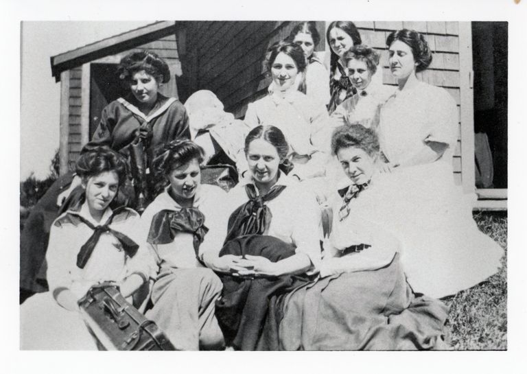          Gathering of young women at the Gardner Farm on Hurley Point, Edmunds, Maine, c. 1916.
   