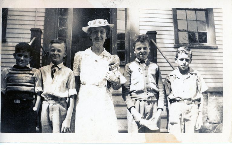          Sunday Morning at the Vestry, Dennysville, Maine, in the 1940's; From left to right: George Stevens, Walter Leighton, Edith Gardner Merriam, --Munson, Keith Curtis
   
