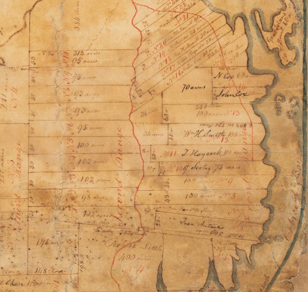 South Edmunds Road in 1836; Detail of Benjamin R. Jones's Plan of Edmunds, with the residents of the South Edmunds Road, including Wm. H. Smith on 100 acres of land bordering Cobscook Bay.