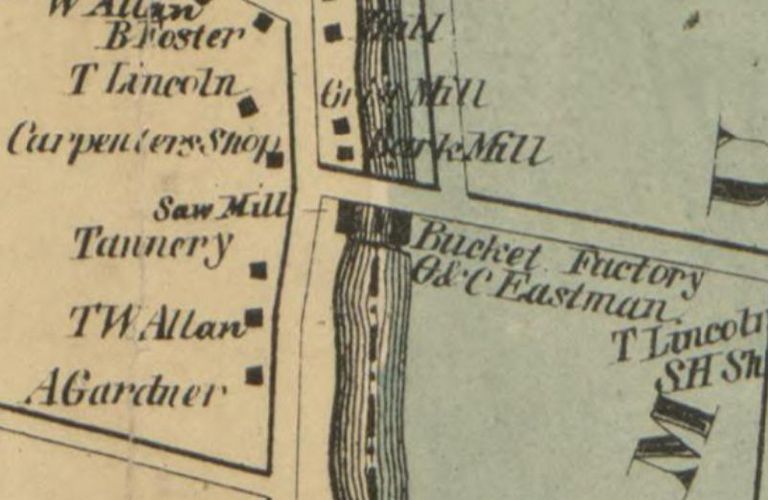          Mills and Tannery at Lincoln Pond and Dam in Dennysville, Maine, 1861; Detail of Dennysville village from the Topographical Map of the County of Washington, Maine, published in 1861.
   
