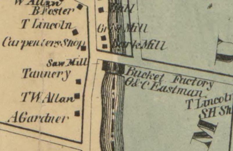 Mills and Tannery at Lincoln Pond and Dam in Dennysville, Maine, 1861; Detail of Dennysville village from the Topographical Map of the County of Washington, Maine, published in 1861.