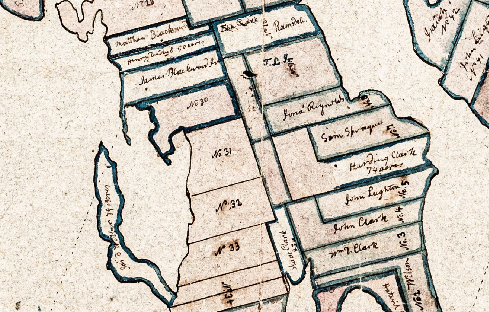 Early Settlers on Leighton's Neck, Township No. 2, Dennys Bay, Maine; Detail of lot map of Townships No. 1 and 2, now Perry, Pembroke and Dennysville, Maine, c. 1805